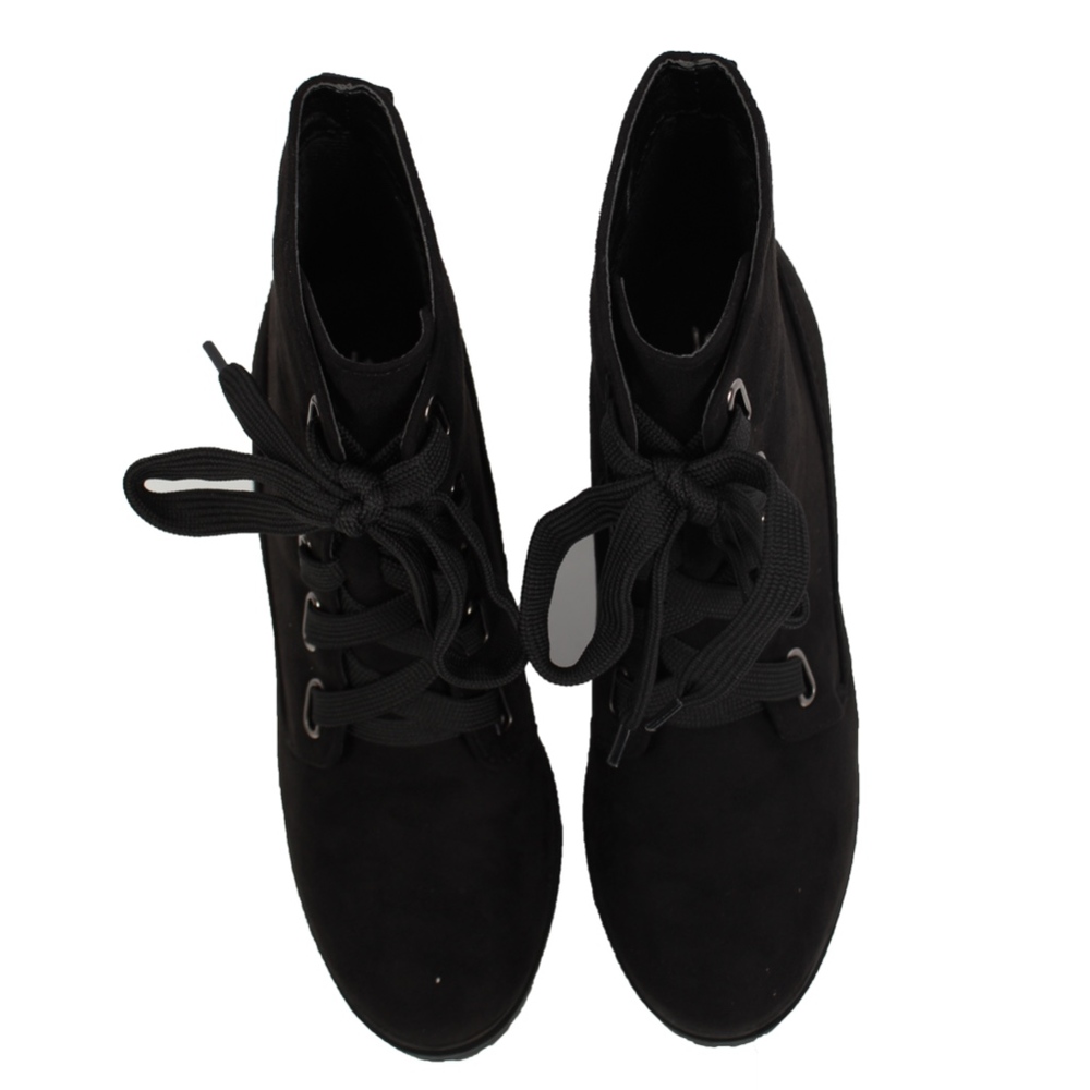 Black Faux Suede Lace Up Stacked Block Boot - Picture 4 of 8